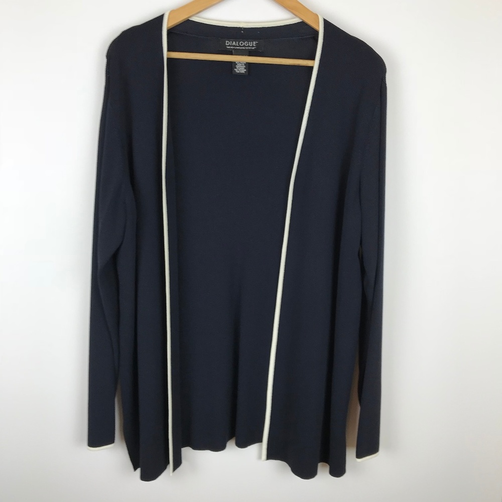 Dialogue | Navy & White Open Drape Cardigan Blazer